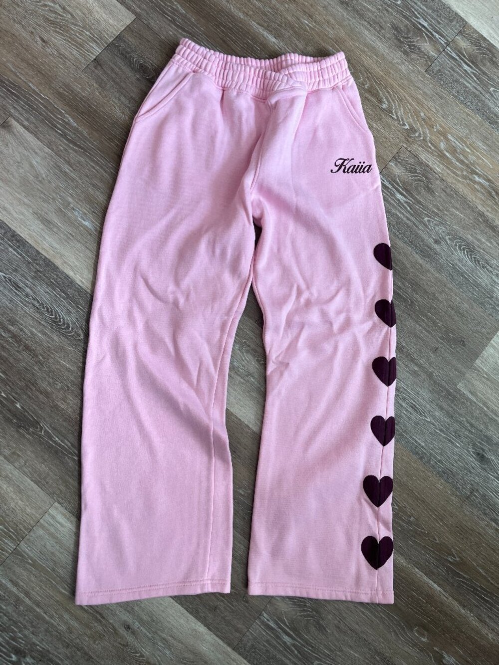 Kaiia Pink Burgundy Hearts Crisscross Waist Wide Leg Sweatpants